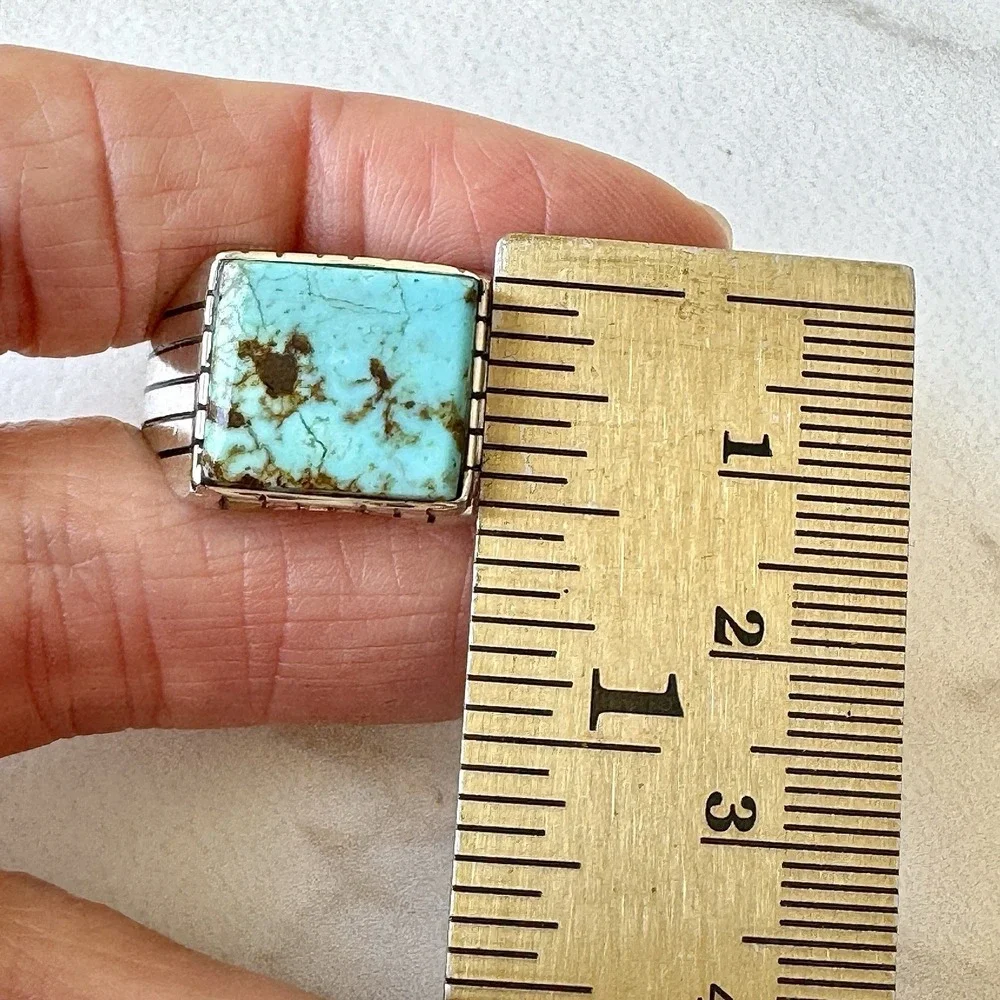 Navajo Turquoise Mens Ring Sz 13 Rectangle Signed Jack‎ Sterling 14mm Cracked
